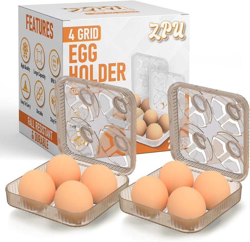ZPU Egg Holder Camping, 2Pcs 4 Grid Egg Container, Plastic Egg Carrier for Camping Picnic Travel Outdoor Refrigerator Kitchen, Protective Egg Storage Case, Grey Orange - Image 1